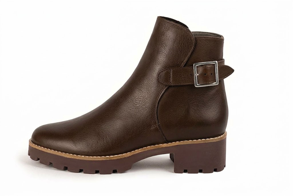 Sophisticated leather ankle boots detailed with an elegant back buckle and heel-strap finish for a distinct couture look, in dark brown leather with round toe and chunky rubber lug sole - Florence KOOIJMAN